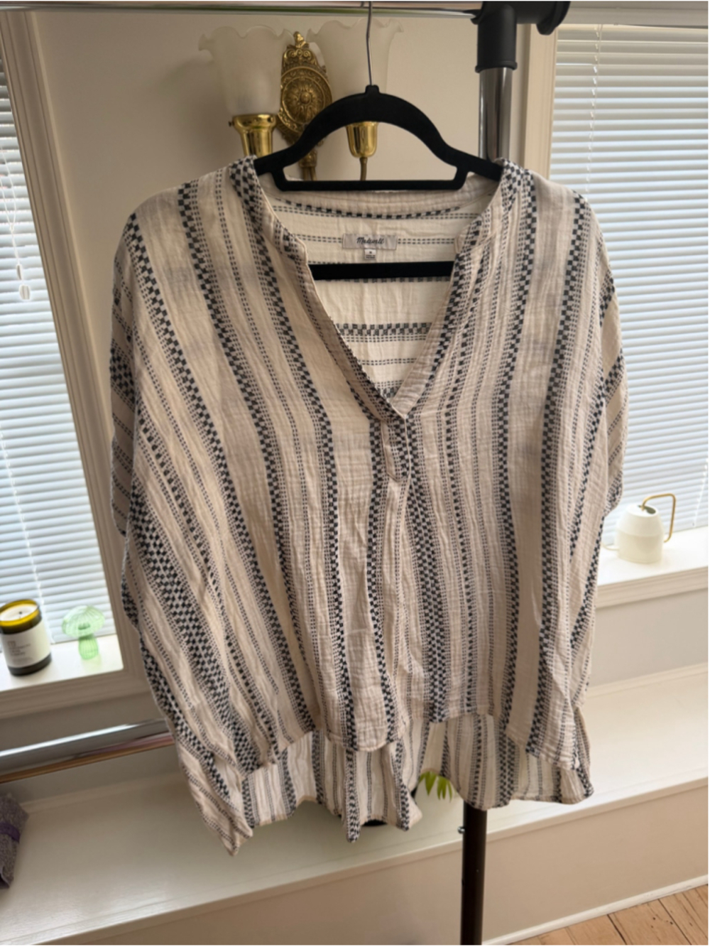 Women's Madewell Blouse Size M Beige Black Striped Cotton Top